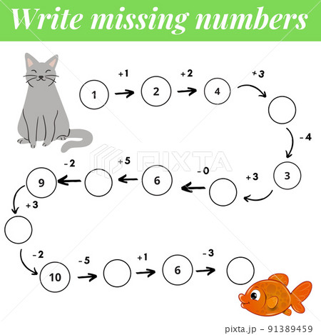 Mathematics educational game. Complete the row, write missing numbers. Solve the equation and help cat find gold fish. Mathematics educational game. Complete the row, write missing numbers. Solve the equation and help cat find gold fish. 91389459
