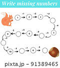 Mathematics educational game for children. Complete the row, write missing numbers. Solve the equation and help squirrel find nutlet. Math activity for preschool kids and toddlers. 91389465