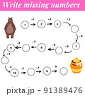 Mathematics educational game. Complete the row, write missing numbers. Solve the equation and help brown bear find honey 91389476