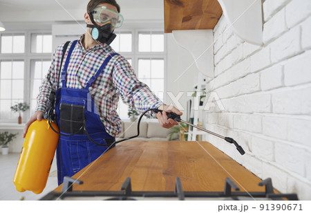 Worker of pest control service during sanitary treatment of kitchen sprays poison. 91390671
