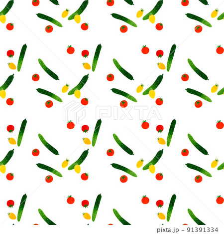 キュウリとプチトマトのシームレスパターン　夏野菜のシンプルな和風イラスト素材 91391334