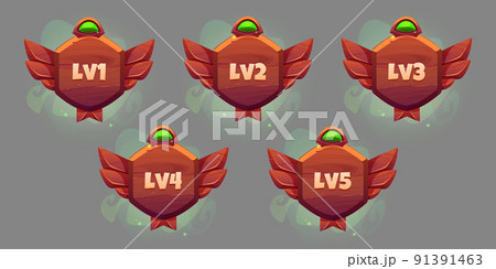 Game level ui icons, wooden shields or banners 91391463