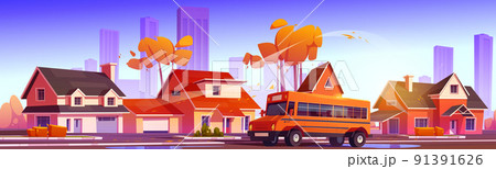 School bus on road in suburb district in autumn School bus on road in suburb district in autumn 91391626