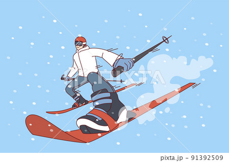 Man skiing on snowy mountain in winter Man skiing on snowy mountain in winter 91392509