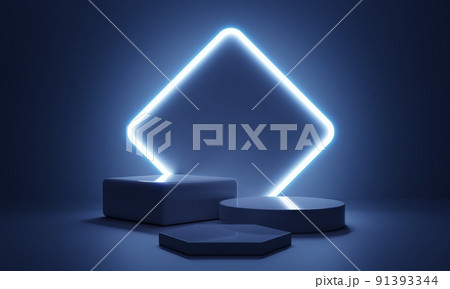 Cyberpunk blue empty podium with glowing lamp frame in the dark for product presentation. Technology and Sci-fi concept. 3D illustration rendering Cyberpunk blue empty podium with glowing lamp frame in the dark for product presentation. Technology and Sci-fi concept. 3D illustration rendering 91393344