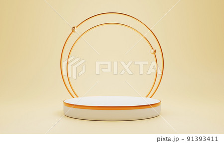 Minimal product podium stage with yellow pastel color and golden ring frame in geometric shape for presentation background. Abstract background and decoration scene template. 3D illustration rendering 91393411