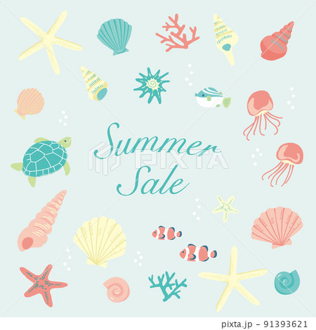 サマーセールポスター 海の生き物と浜辺の貝殻セット サマーセールポスター 海の生き物と浜辺の貝殻セット 91393621
