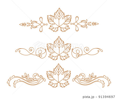 Vine. Vector illustration. Design elements with a twisting vine with leaves and berries. Drawing by hand in the style of line art. Horizontal gold monograms. Vine. Vector illustration. Design elements with a twisting vine with leaves and berries. Drawing by hand in the style of line art. Horizontal gold monograms. 91394697