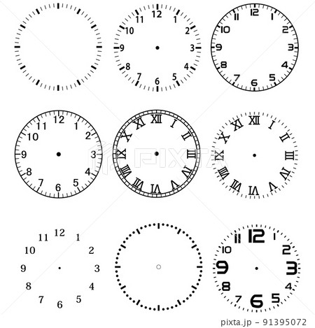mechanical clock face dials template set on white background. watches with arabic and roman numerals sign. flat style. 91395072