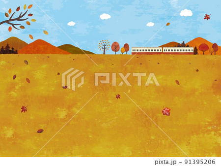 秋の山と草原と電車の景色 91395206