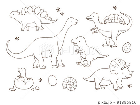 ぬいぐるみ風かわいい恐竜詰め合わせ 線画セットのイラスト素材