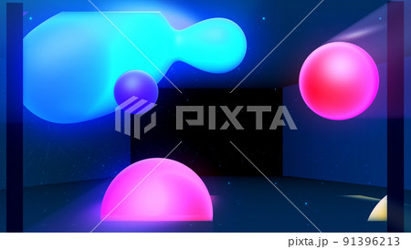 3d render. Spheres or balls in room merge like liquid wax drops or metaballs in-air. Liquid gradient of rainbow colors on drops with multi-colored glow, scattering light inside. 3d render. Spheres or balls in room merge like liquid wax drops or metaballs in-air. Liquid gradient of rainbow colors on drops with multi-colored glow, scattering light inside. 91396213