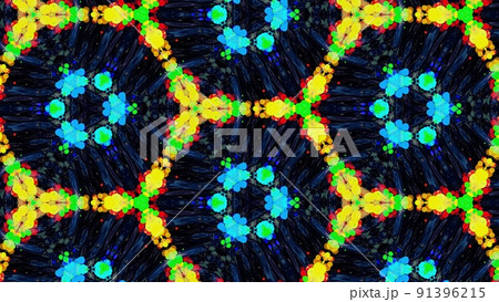 kaleidoscope effect from wavy shiny liquid surface with distorted circles like drops of paint in oil. Creative background with multicolor gradient. 3d render kaleidoscope effect from wavy shiny liquid surface with distorted circles like drops of paint in oil. Creative background with multicolor gradient. 3d render 91396215