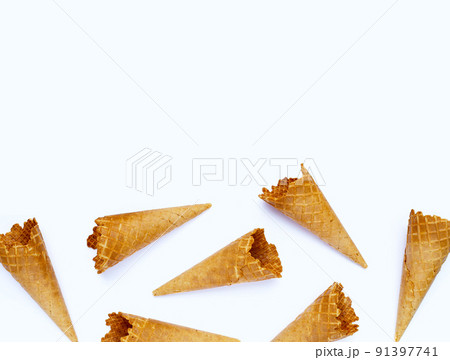 Empty ice cream cone on white background. 91397741