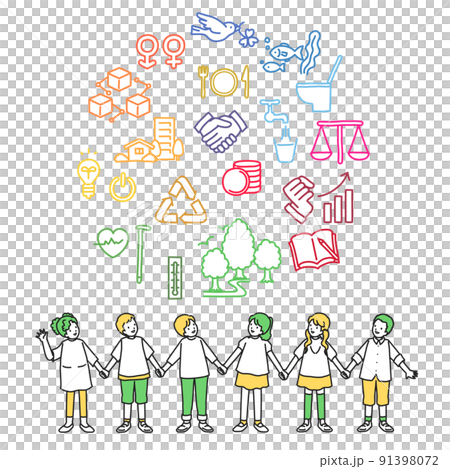 SDGsの目標を見上げるこども達 91398072