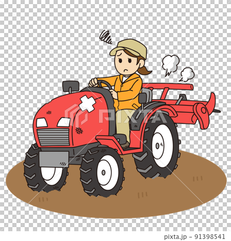Female farmer driving a broken tractor Female farmer driving a broken tractor 91398541