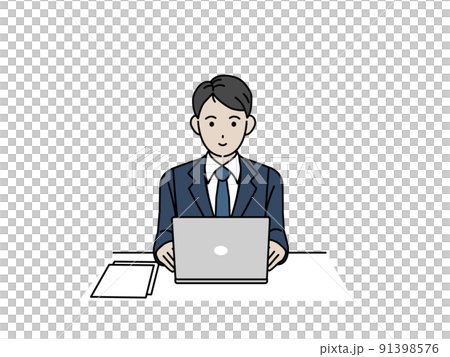 一名穿著西裝的男性辦公室工作人員使用筆記本電腦進行操作，這是一名商人的工作 91398576