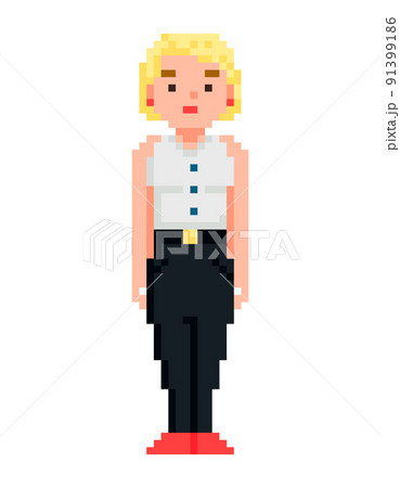 Pixel character vector, isolated woman wearing blouse. Blone character for video game. Pixel character vector, isolated woman wearing blouse. Blone character for video game. 91399186