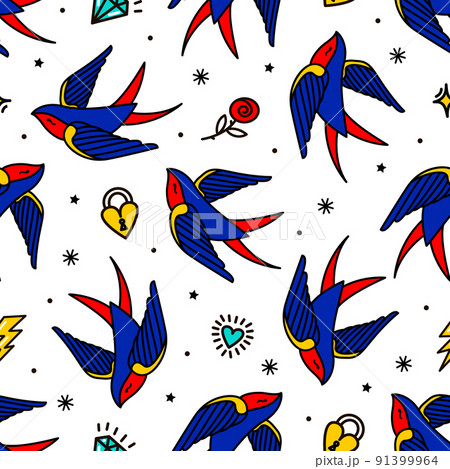 pattern with swallows in old-school tattoo style pattern with swallows in old-school tattoo style 91399964