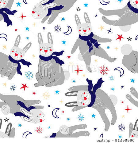 Seamless pattern with rabbits in scarves 91399990