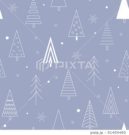 Xmas trees seamless pattern. Scandinavian winter background with abstract pine trees and snowflakes. Doodle hand drawn forest. Vector outline illustration Xmas trees seamless pattern. Scandinavian winter background with abstract pine trees and snowflakes. Doodle hand drawn forest. Vector outline illustration 91404460