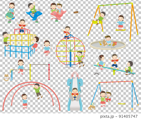 公園の遊具で遊ぶ子供たちセット 91405747