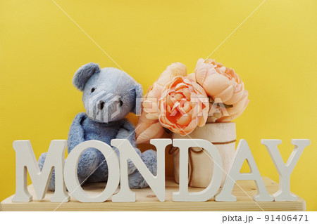 hello monday wooden letter alphabet on wooden background 91406471