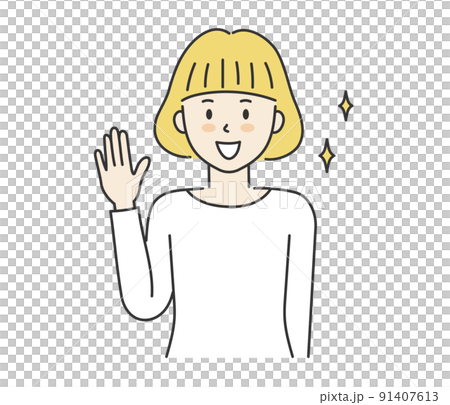 Young woman raising her hand to say hello 91407613