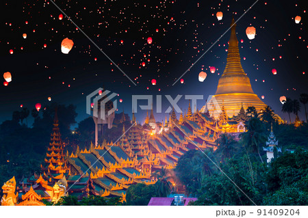 Myanmar view of Shwedagon Pagoda a night, Shwedagon pagoda with larntern, Yangon, Myanmar. 91409204