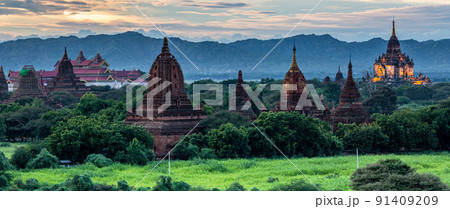 Ancient temple archeology in Bagan after sunset, Myanmar temples in the Bagan Archaeological Zone Pagodas and temples of Bagan world heritage site, Myanmar, Burmar. Ancient temple archeology in Bagan after sunset, Myanmar temples in the Bagan Archaeological Zone Pagodas and temples of Bagan world heritage site, Myanmar, Burmar. 91409209