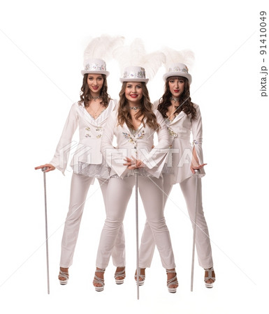 Content women in stylish white dance costumes 91410049