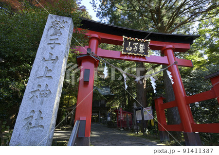 栃木県と茨城県の県境に位置する鷲子山上神社（とりのこさんしょうじんじゃ）の大鳥居と社号標 91411387