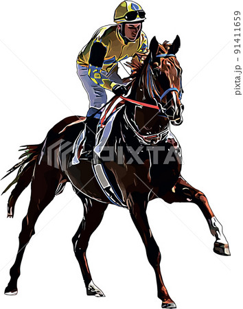 Racehorse with jockey at races. Isolated on a white background 91411659