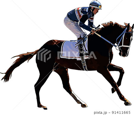 Racehorse with jockey at races. Isolated on a white background 91411665