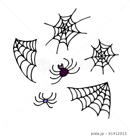 Doodle spiderweb and spider set. Happy Halloween illustration 91412013