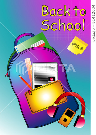 Back to school, items, school supplies with backpack, vector cartoon illustration poster, banner, flyer design Back to school, items, school supplies with backpack, vector cartoon illustration poster, banner, flyer design 91412034