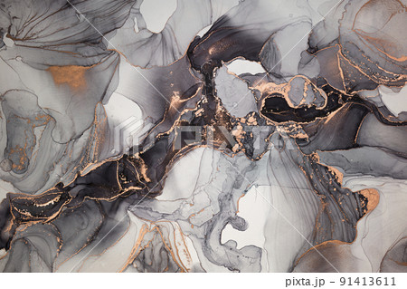 Luxury abstract fluid art painting in alcohol ink technique, mixture of black, gray and gold paints. Imitation of marble stone cut, glowing golden veins. Tender and dreamy design. 91413611