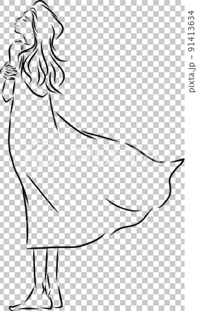 日光浴　日差しを浴びてリフレッシュする女性　線画 91413634