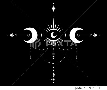 Eye of Providence. Sacred Geometry. All seeing eye inside triple moon pagan Wicca moon goddess symbol. Vector illustration isolated on black. Tattoo, astrology, alchemy, boho and magic symbol 91415156