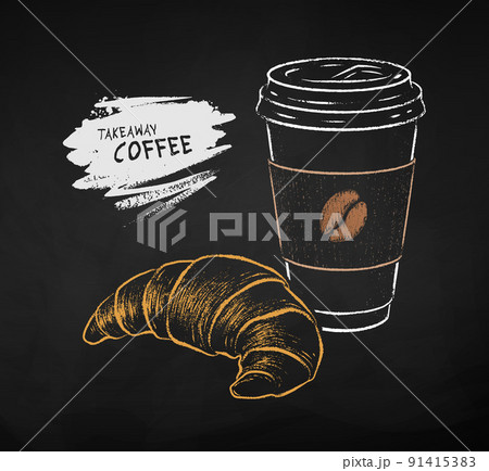 Chalked llustration of Coffee cup with croissant 91415383