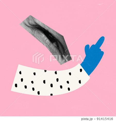 Contemporary art collage. Conceptual image with male eye and bad finger gesture isolated over pink background 91415416