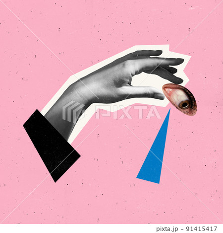 Contemporary art collage. Conceptual image with female eye and tear falling down isolated over pink background 91415417