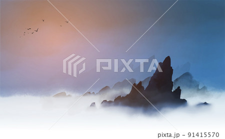 Ink painting of misty rocks and dark blue sky. Traditional oriental ink painting sumi-e, u-sin, go-hua. Ink painting of misty rocks and dark blue sky. Traditional oriental ink painting sumi-e, u-sin, go-hua. 91415570