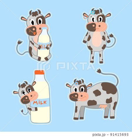 A set of stickers with a cute cow. Cartoon flat vector illustration. Milk day. Design or sticker 91415693