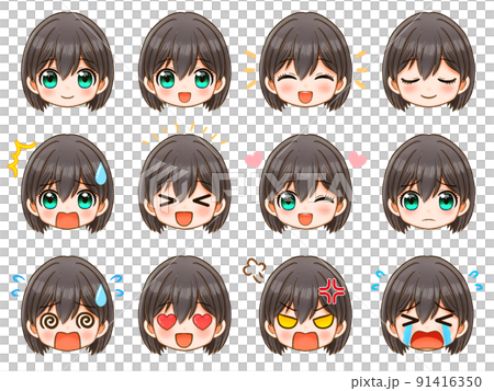 SDキャラの黒髪女性顔アイコン素材セット SDキャラの黒髪女性顔アイコン素材セット 91416350