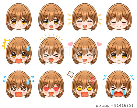Sdキャラの茶髪女性顔アイコン素材セットのイラスト素材 Sdキャラの茶髪女性顔アイコン素材セットのイラスト素材