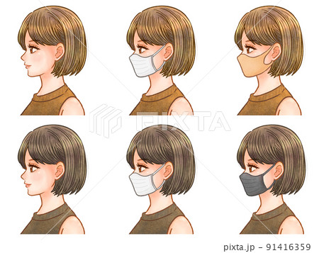 マスクをした短髪の大人女性の横顔イラストセット 91416359