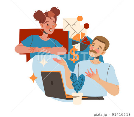 Man and Woman Character Working with Information Via Network Analyzing and Browsing Data Vector Illustration Man and Woman Character Working with Information Via Network Analyzing and Browsing Data Vector Illustration 91416513