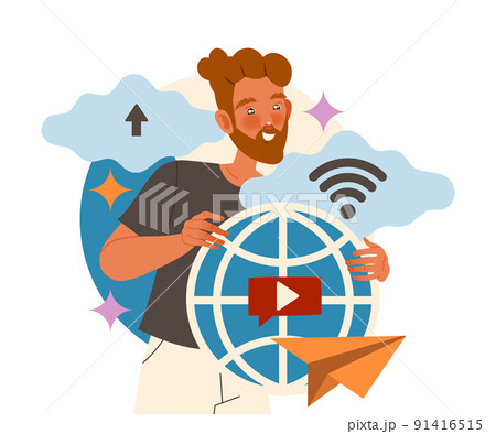 Bearded Man Character with Browser Sign Working with Information Analyzing and Browsing Data Vector Illustration Bearded Man Character with Browser Sign Working with Information Analyzing and Browsing Data Vector Illustration 91416515