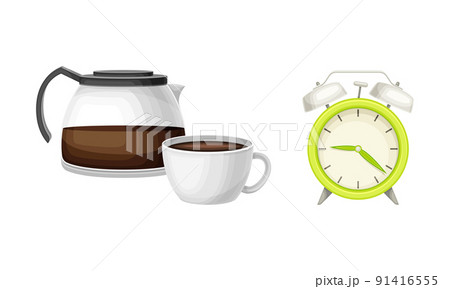 Alarm Clock and Kettle with Coffee Drink as Good Morning Symbol and Attribute Vector Set 91416555